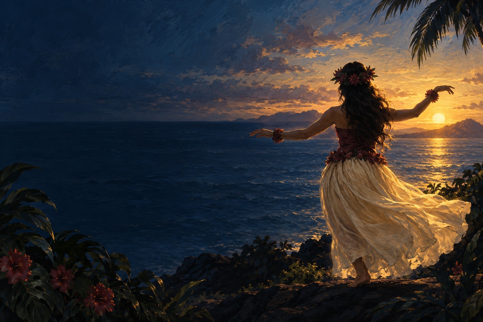 海の夕暮れを背景にフラを踊る人のイメージイラスト